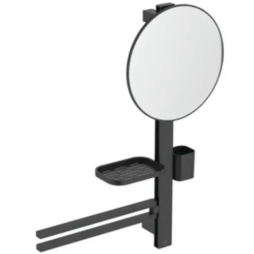 Schwarzer Aluminium-Mirror mit Halterungen, der einen runden Spiegel und eine Ablage bietet. Ideal Standard Produkt für den Einsatz in Beauty-Räumen.